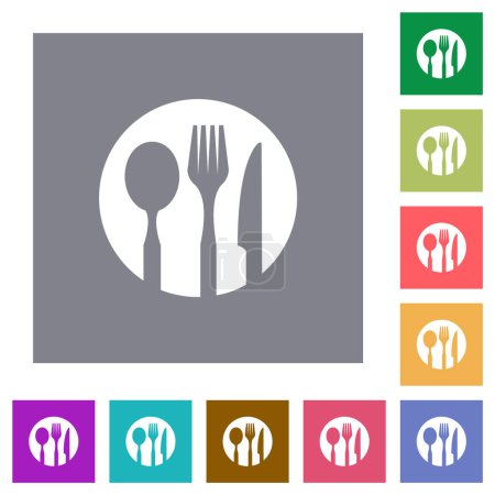 Illustration for Tableware set solid flat icons on simple color square backgrounds - Royalty Free Image