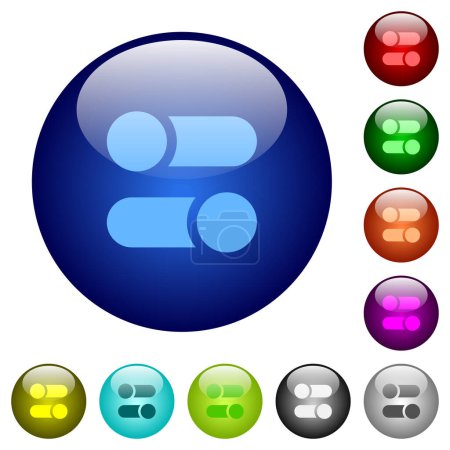 Téléchargez les illustrations : Bascule horizontalement commutateurs icônes solides sur des boutons ronds en verre dans plusieurs couleurs. Structure en couches disposées - en licence libre de droit