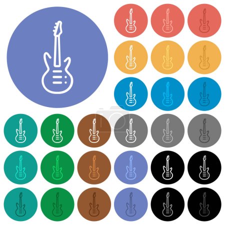 Ilustración de Guitarra eléctrica contorno iconos planos multicolores sobre fondos redondos. Incluye variaciones de iconos blancos, claros y oscuros para efectos de flotación y estado activo, y tonos de bonificación. - Imagen libre de derechos