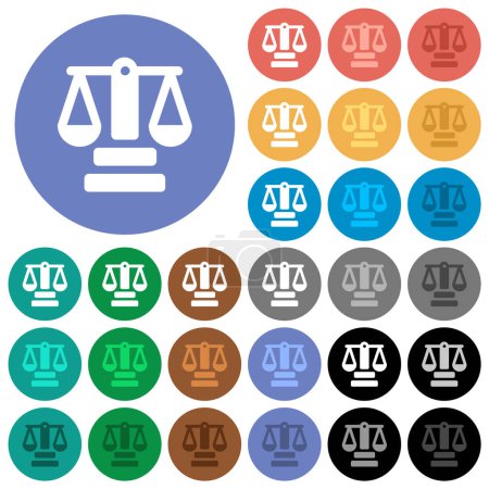 Ilustración de Escala de justicia sólidos iconos planos multicolores sobre fondos redondos. Incluye variaciones de iconos blancos, claros y oscuros para efectos de flotación y estado activo, y tonos de bonificación. - Imagen libre de derechos