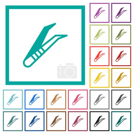 Illustration for Medical tweezers flat color icons with quadrant frames on white background - Royalty Free Image