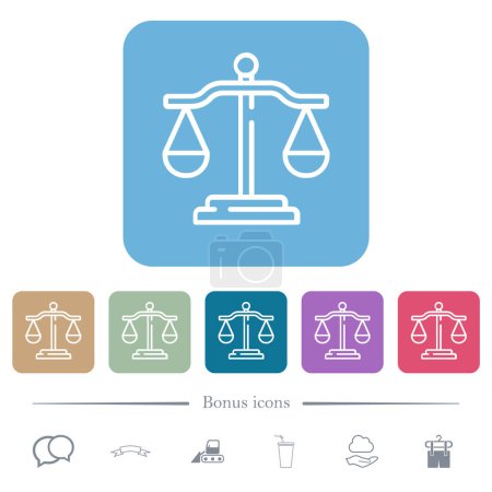 Illustration for Justice scale outline white flat icons on color rounded square backgrounds. 6 bonus icons included - Royalty Free Image
