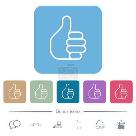 Left handed thumbs up outline white flat icons on color rounded square backgrounds. 6 bonus icons included