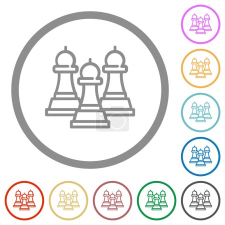Trois évêques d'échecs esquissent des icônes de couleur plate en contours ronds sur fond blanc