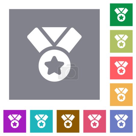 Ilustración de Medalla con estrella y cinta de iconos planos sólidos sobre fondos cuadrados de color simple - Imagen libre de derechos