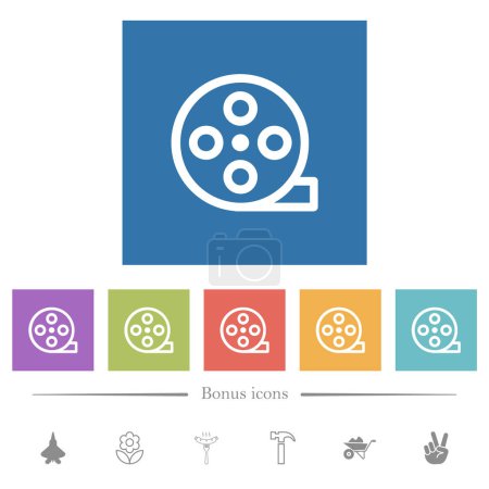 Illustration for Film reel outline flat white icons in square backgrounds. 6 bonus icons included. - Royalty Free Image