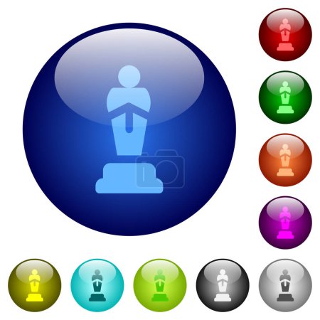 Téléchargez les illustrations : Oscar Award statue icônes solides sur des boutons ronds en verre en plusieurs couleurs. Structure en couches disposées - en licence libre de droit
