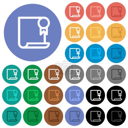 Illustration for Certificate outline multi colored flat icons on round backgrounds. Included white, light and dark icon variations for hover and active status effects, and bonus shades. - Royalty Free Image