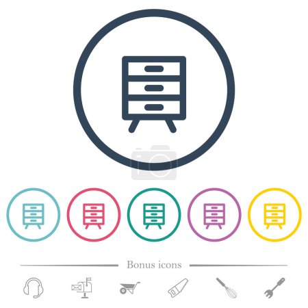 Filing cabinet outline flat color icons in round outlines. 6 bonus icons included.