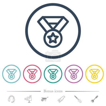 Ilustración de Medalla con iconos de color plano de contorno de estrella y cinta en contornos redondos. 6 iconos de bonificación incluidos. - Imagen libre de derechos
