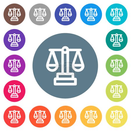 Ilustración de Escala de justicia delinear iconos blancos planos sobre fondos de color redondo. 17 variaciones de color de fondo se incluyen. - Imagen libre de derechos