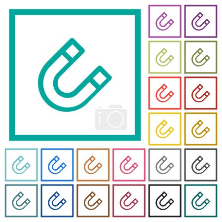 Horseshoe magnet outline flat color icons with quadrant frames on white background