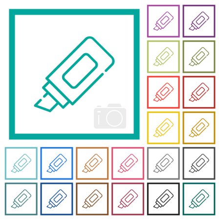 Téléchargez les illustrations : Marqueur de bureau contour des icônes de couleur plate avec cadres quadrants sur fond blanc - en licence libre de droit