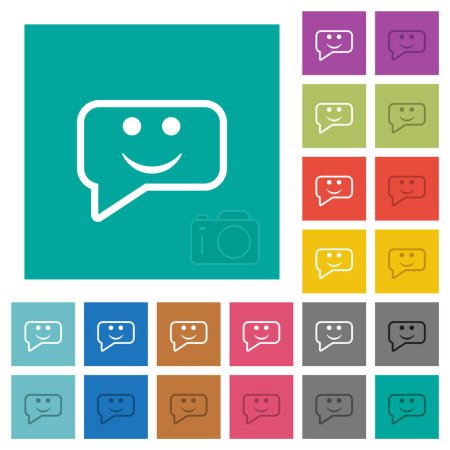 Rounded square smiling chat bubble outline multi colored flat icons on plain square backgrounds. Included white and darker icon variations for hover or active effects.