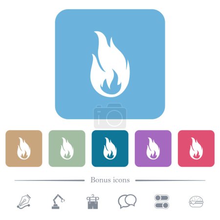 Icônes plates blanches flamme de feu sur fond carré arrondi couleur. 6 icônes bonus incluses