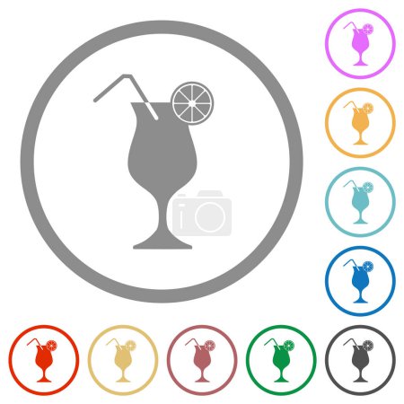 Cocktail with lemon and straw flat color icons in round outlines on white background