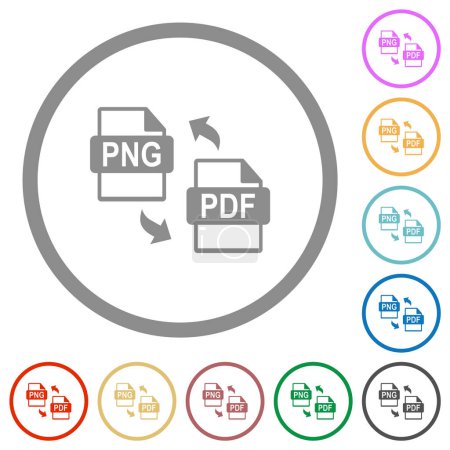 PNG PDF file conversion flat color icons in round outlines on white background