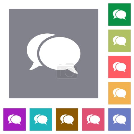 Two oval chat bubbles solid flat icons on simple color square backgrounds