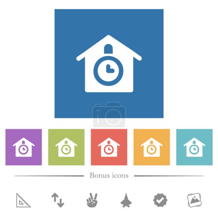 Illustration for Cuckoo clock solid flat white icons in square backgrounds. 6 bonus icons included. - Royalty Free Image