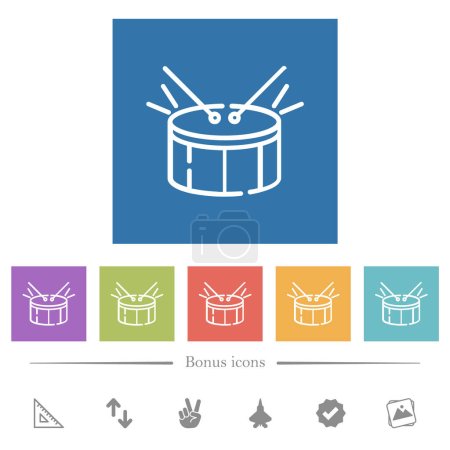 Drum outline flat white icons in square backgrounds. 6 bonus icons included.