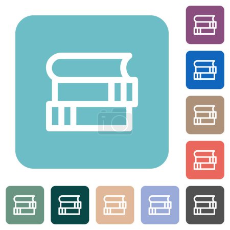 Stack of books outline white flat icons on color rounded square backgrounds