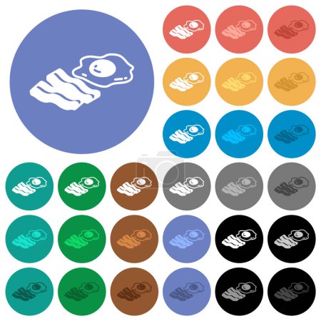 Egg and bacon multi colored flat icons on round backgrounds. Included white, light and dark icon variations for hover and active status effects, and bonus shades.