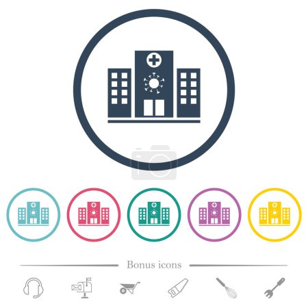 Covid hospital flat color icons in round outlines. 6 bonus icons included.
