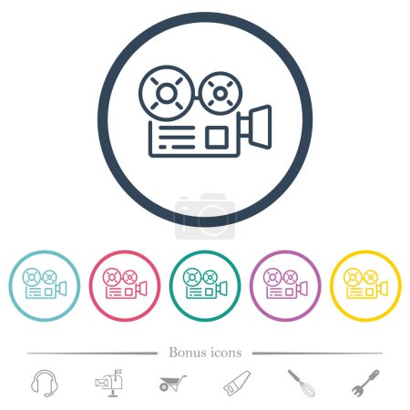 Illustration for Movie camera outline flat color icons in round outlines. 6 bonus icons included. - Royalty Free Image