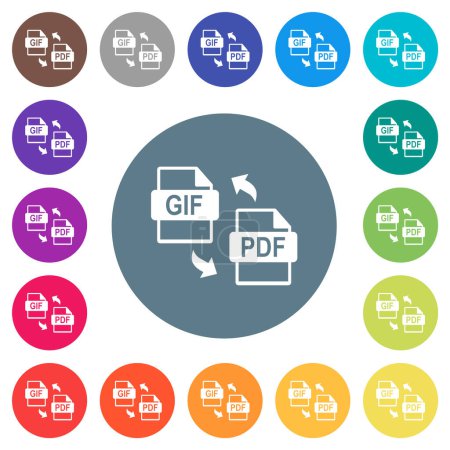 GIF PDF file conversion flat white icons on round color backgrounds. 17 background color variations are included.