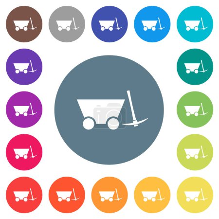 Mine cart and pickaxe flat white icons on round color backgrounds. 17 background color variations are included.