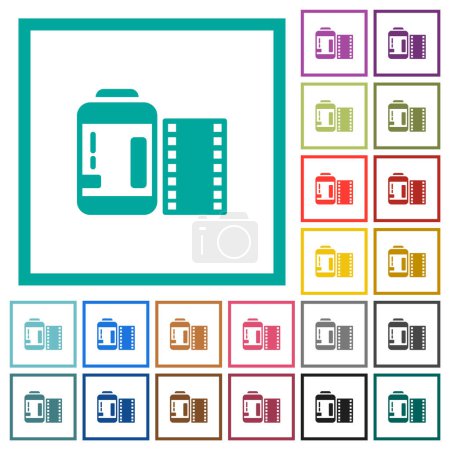 Bote de película de cámara negativa iconos de color plano con marcos de cuadrante sobre fondo blanco