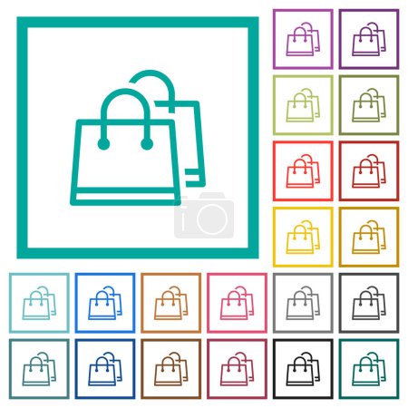 Zwei Einkaufstaschen umreißen flache Farbsymbole mit Quadrantenrahmen auf weißem Hintergrund