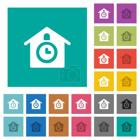 Illustration for Cuckoo clock solid multi colored flat icons on plain square backgrounds. Included white and darker icon variations for hover or active effects. - Royalty Free Image