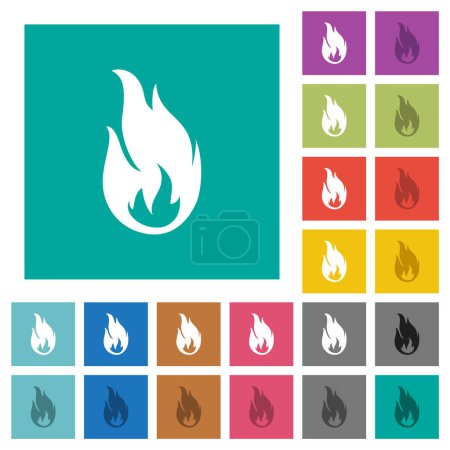 Fire flame multi colored flat icons on plain square backgrounds. Included white and darker icon variations for hover or active effects.