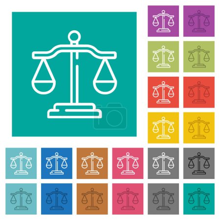 Justice scale outline multi colored flat icons on plain square backgrounds. Included white and darker icon variations for hover or active effects.