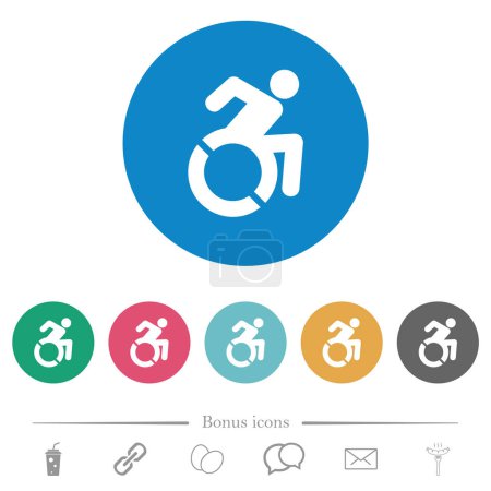 Ilustración de Iconos blancos planos de accesibilidad sobre fondos redondos de color. 6 iconos de bonificación incluidos. - Imagen libre de derechos