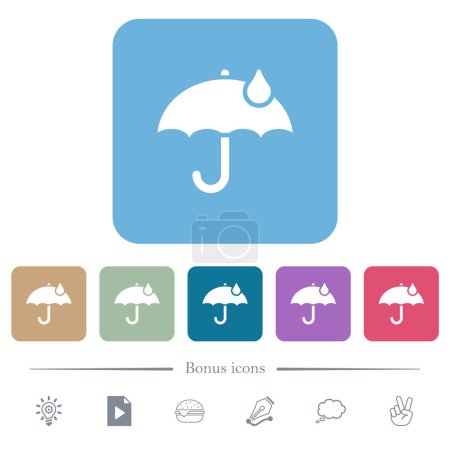 Umbrella with raindrop solid white flat icons on color rounded square backgrounds. 6 bonus icons included