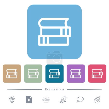 Stack of books outline white flat icons on color rounded square backgrounds. 6 bonus icons included