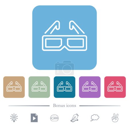Retro 3D glasses outline white flat icons on color rounded square backgrounds. 6 bonus icons included