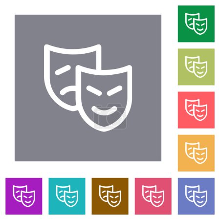 Ilustración de Máscaras teatrales esbozan iconos planos sobre fondos cuadrados de color simple - Imagen libre de derechos