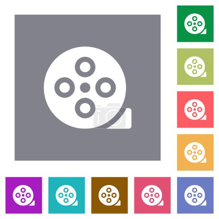 Film reel solid flat icons on simple color square backgrounds