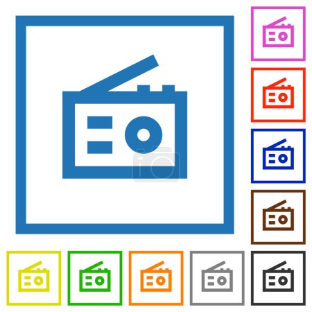 Retro Radio flache Farbsymbole in quadratischen Rahmen auf weißem Hintergrund
