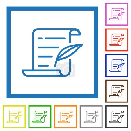 Ilustración de Pluma pergamino pluma contorno iconos de color plano en marcos cuadrados sobre fondo blanco - Imagen libre de derechos