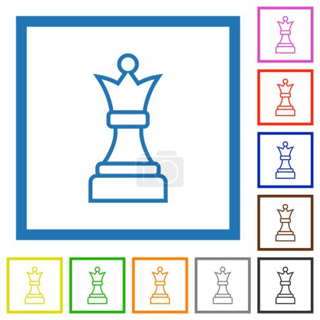 Weiße Schachkönigin flache Farbsymbole in quadratischen Rahmen auf weißem Hintergrund