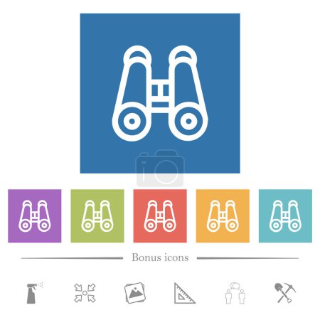 Illustration for Binoculars outline flat white icons in square backgrounds. 6 bonus icons included. - Royalty Free Image