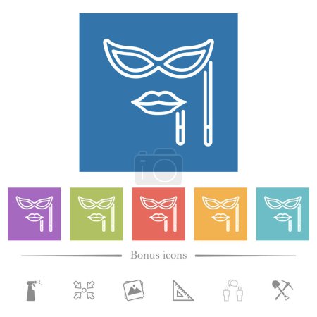 Máscara de mascarada de mujer con perfil de palo iconos blancos planos en fondos cuadrados. 6 iconos de bonificación incluidos.