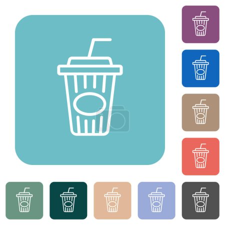 Disposable cup with straw outline white flat icons on color rounded square backgrounds