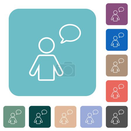 One talking person with oval bubble outline white flat icons on color rounded square backgrounds