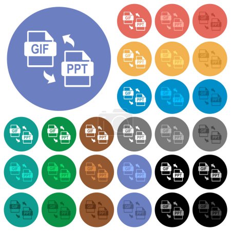 GIF PPT conversion de fichiers multicolores icônes plates sur des fonds ronds. Inclus des variations d'icônes blanches, claires et sombres pour les effets de survol et de statut actif, et des nuances bonus.