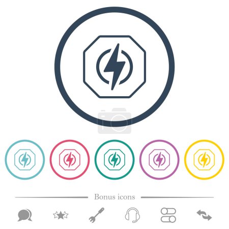 Octágono en forma de señal de sanción de energía eléctrica contorno iconos de color plano en contornos redondos. 6 iconos de bonificación incluidos.